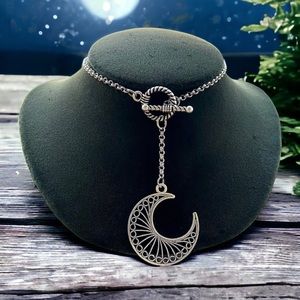 Silver moon necklace . Y shape lariat necklace toggle clasp & crecent moon charm